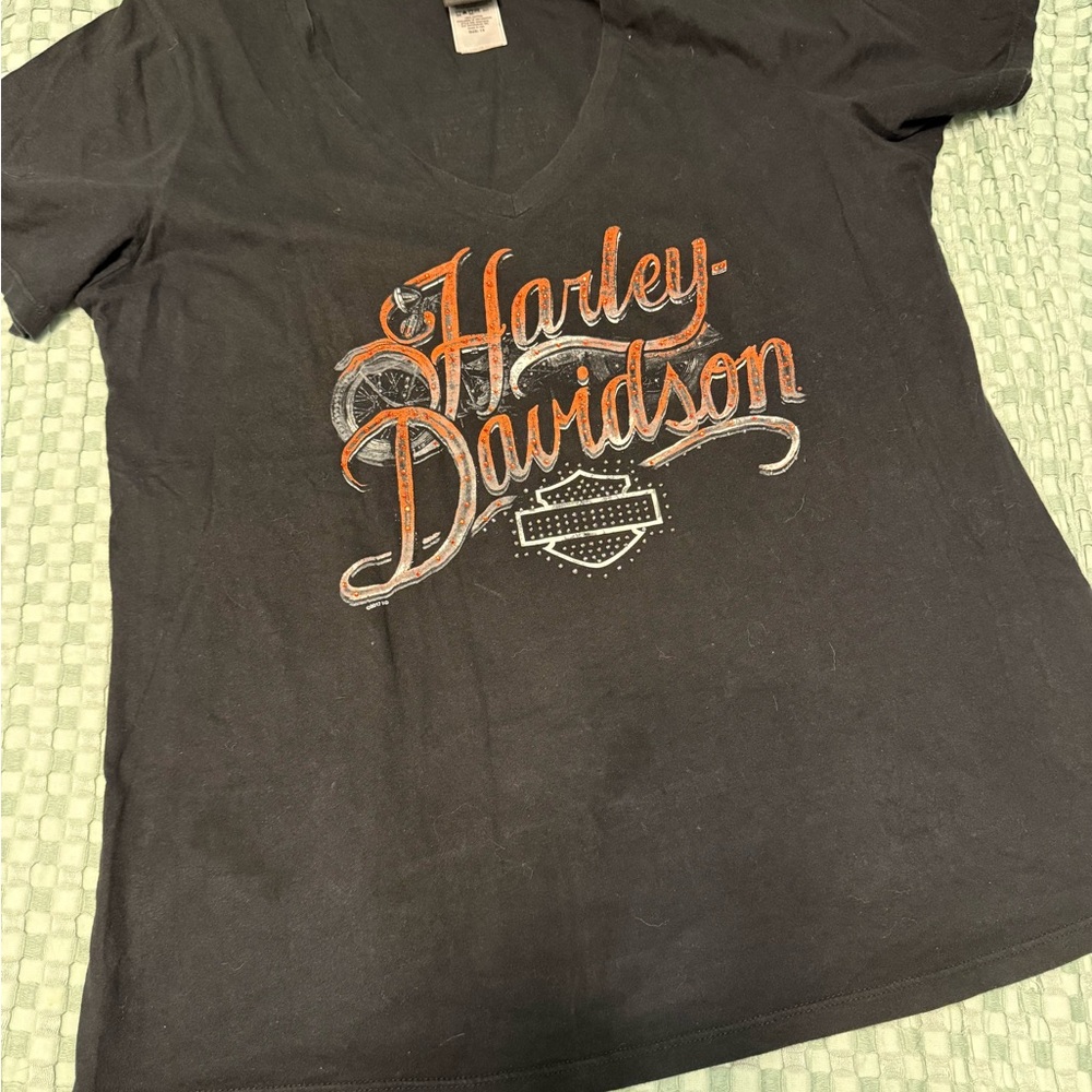Harley-Davidson Women’s V-Neck Black Graphic Tee with Orange Script